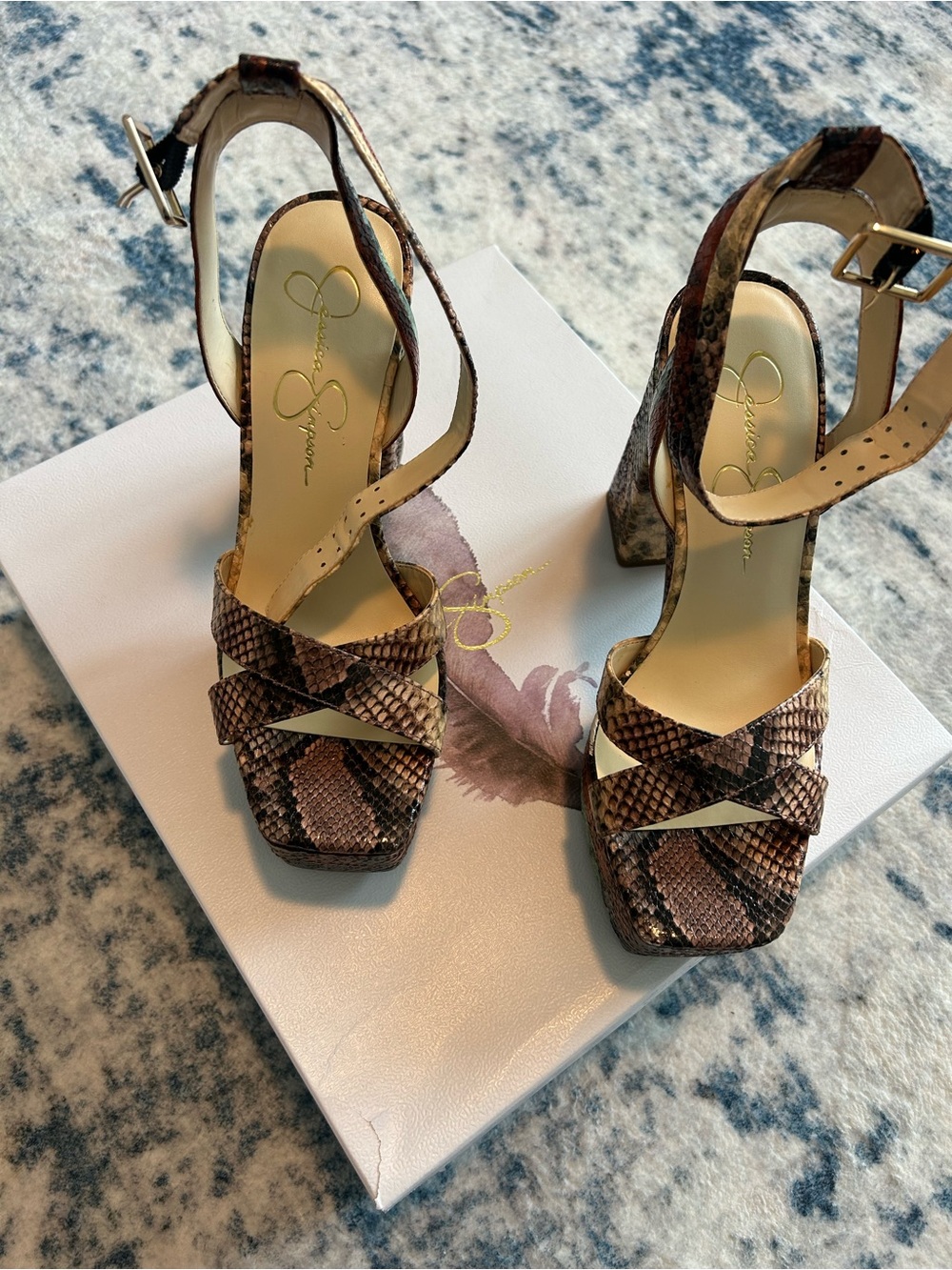 Jessica Simpson • Snake-Print Block Heel Sandals in Brown •7M •